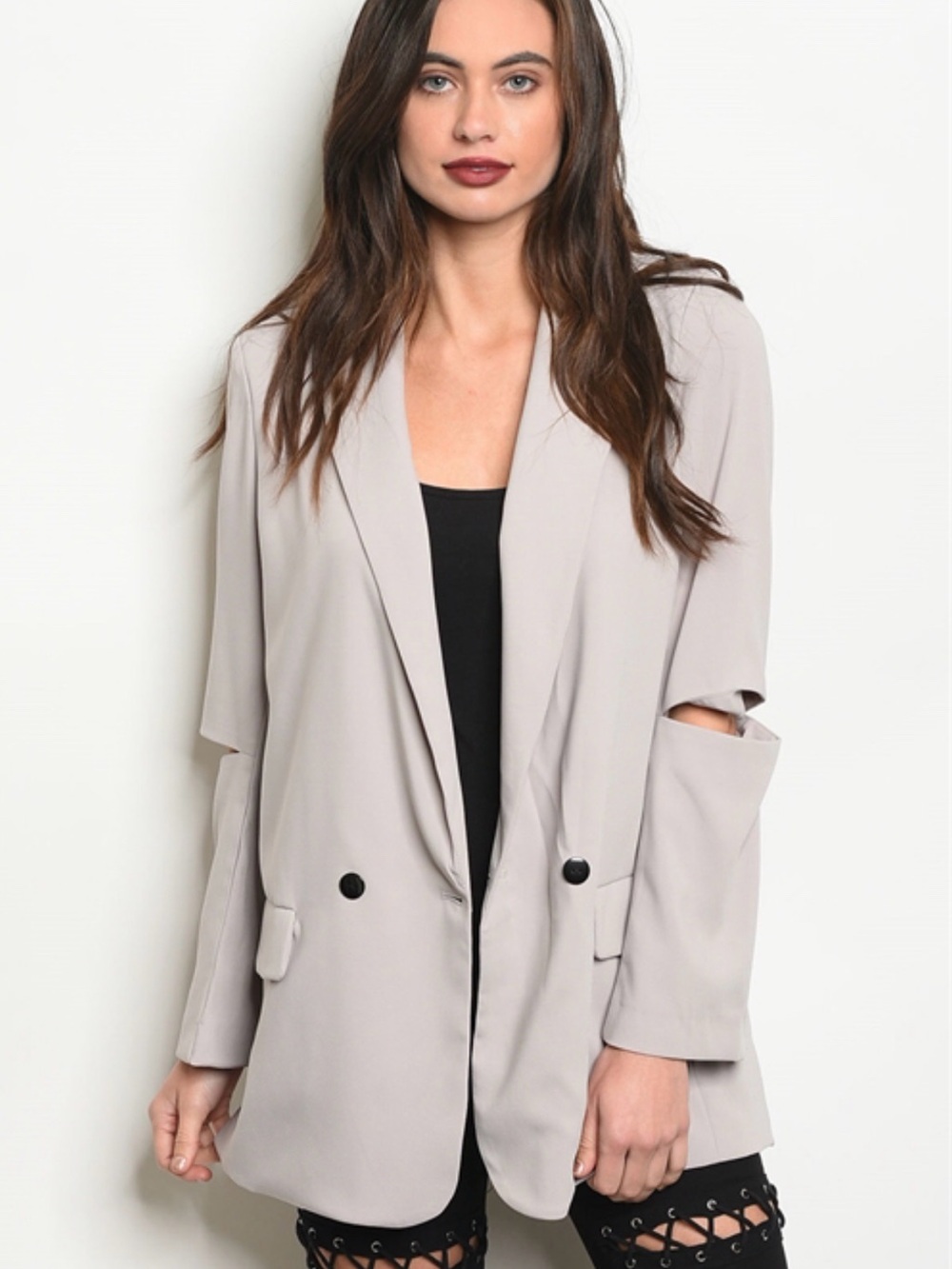 Light Taupe Open-Front Blazer with Cutout Sleeves